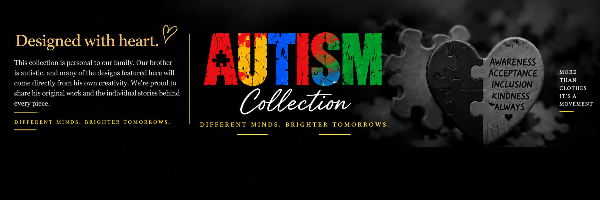Designed with heart: family story alongside the Jerseaux Autism Collection artwork and puzzle heart, Different minds. Brighter tomorrows.